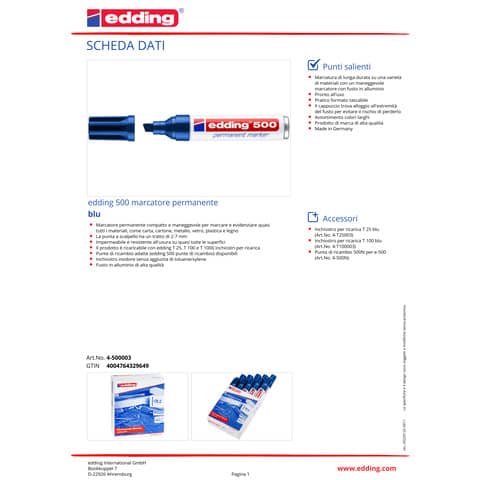 Marcatore permanente edding 500 punta scalpello 2-7 mm blu E-500 003